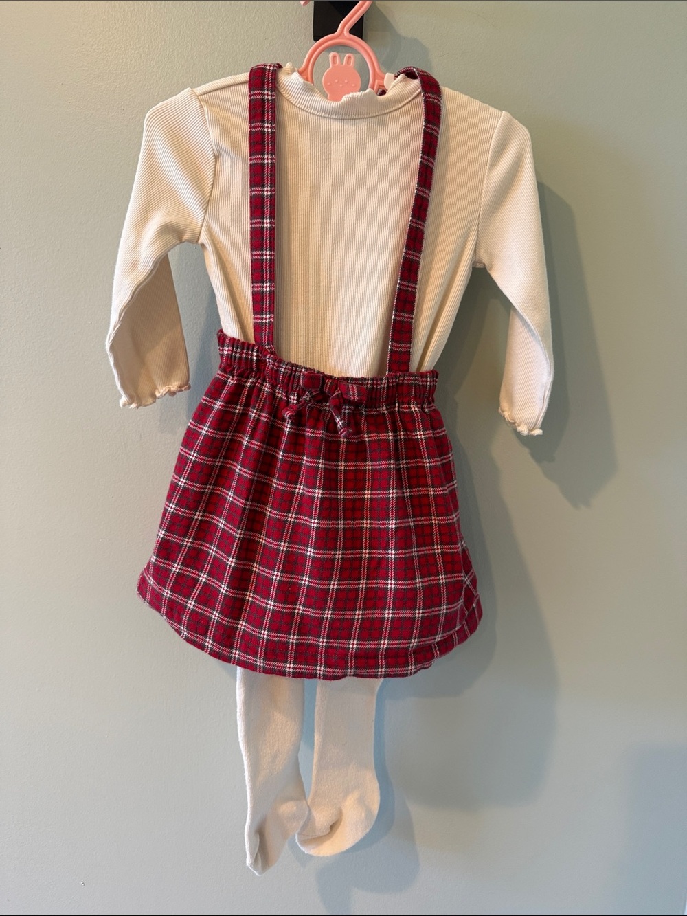 Carter's Holiday set 12M red flannel jumper ribbed cream onesie & tights